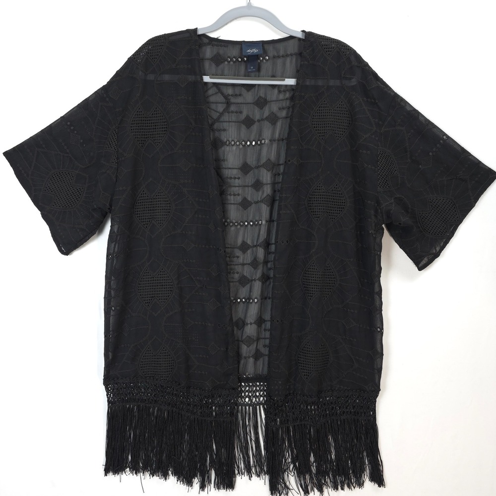 Daytrip Black Sheer Fringe Embroidered Kimono Cardigan‎ Women M Boho Festival